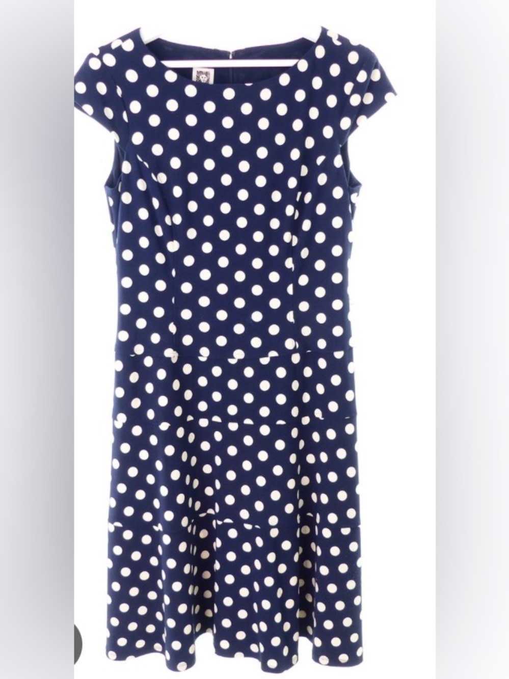 Anne Klein Navy Blue White Polka Dot Fit & Flare Midi Dress Size 12 Stretch Work